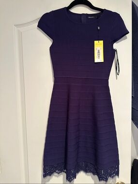 Karen Millen Purple Fit-and-Flare Lace-Hem Dress